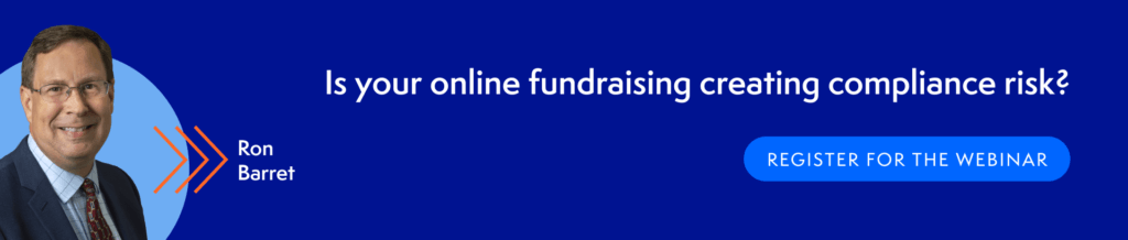 A man in a suit and glasses smiles on the left. Text reads, "Is your online fundraising creating Colorado nonprofit registration compliance risk? Ron Barret." A blue button on the right says, "Register for the webinar." Blue background.
