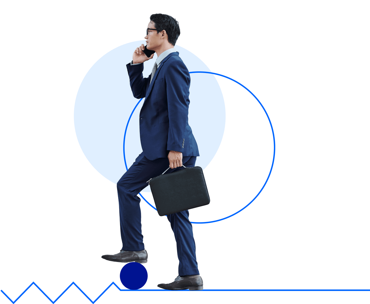 A man in a blue suit walks forward while talking on a phone. He holds a black briefcase in his left hand. Abstract blue and white circular graphics are in the background.