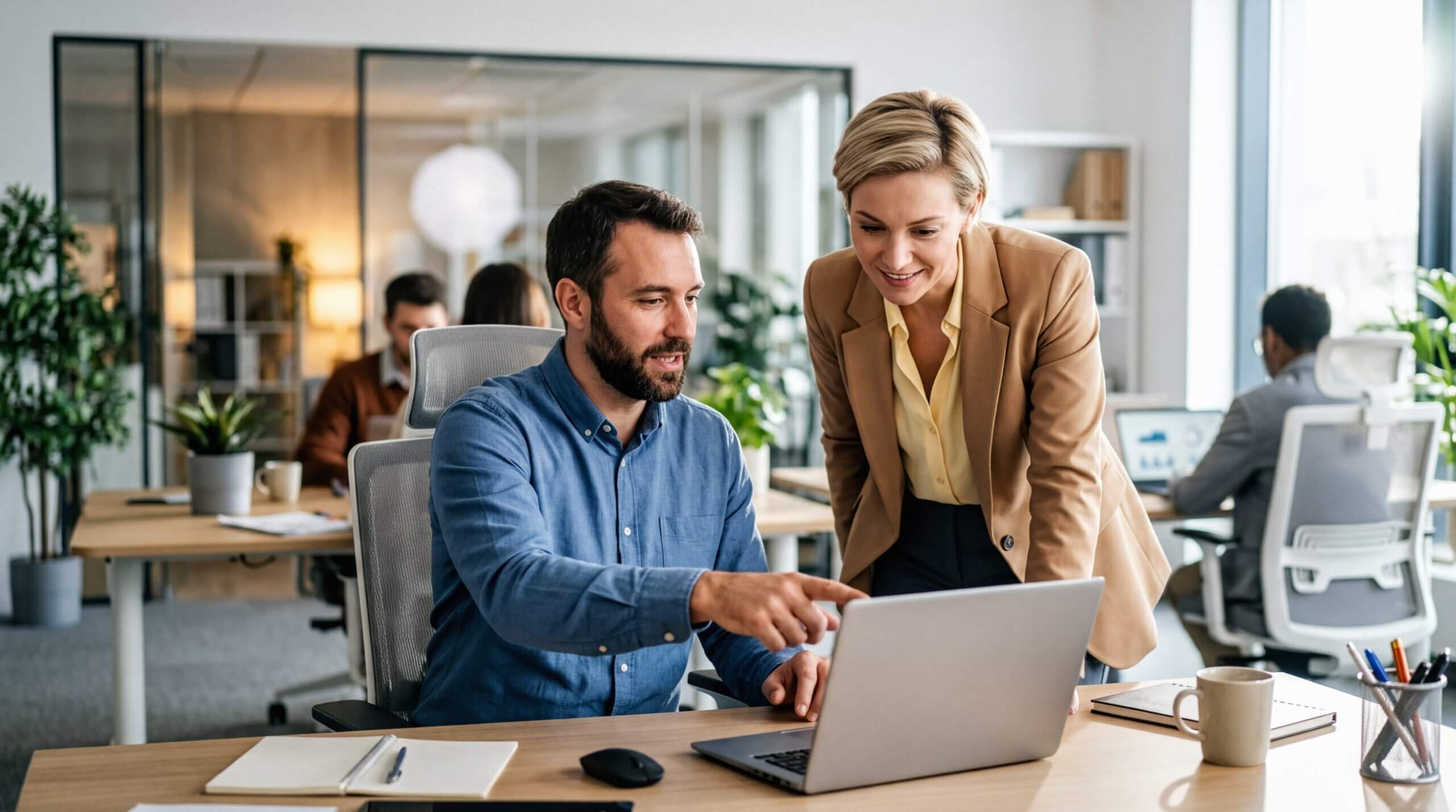 A man sitting at a desk points at a laptop screen while a woman stands beside him, smiling. They appear to be discussing something in a modern office with other people working in the background—perhaps considering when should nonprofits reassess their charitable solicitation registration.