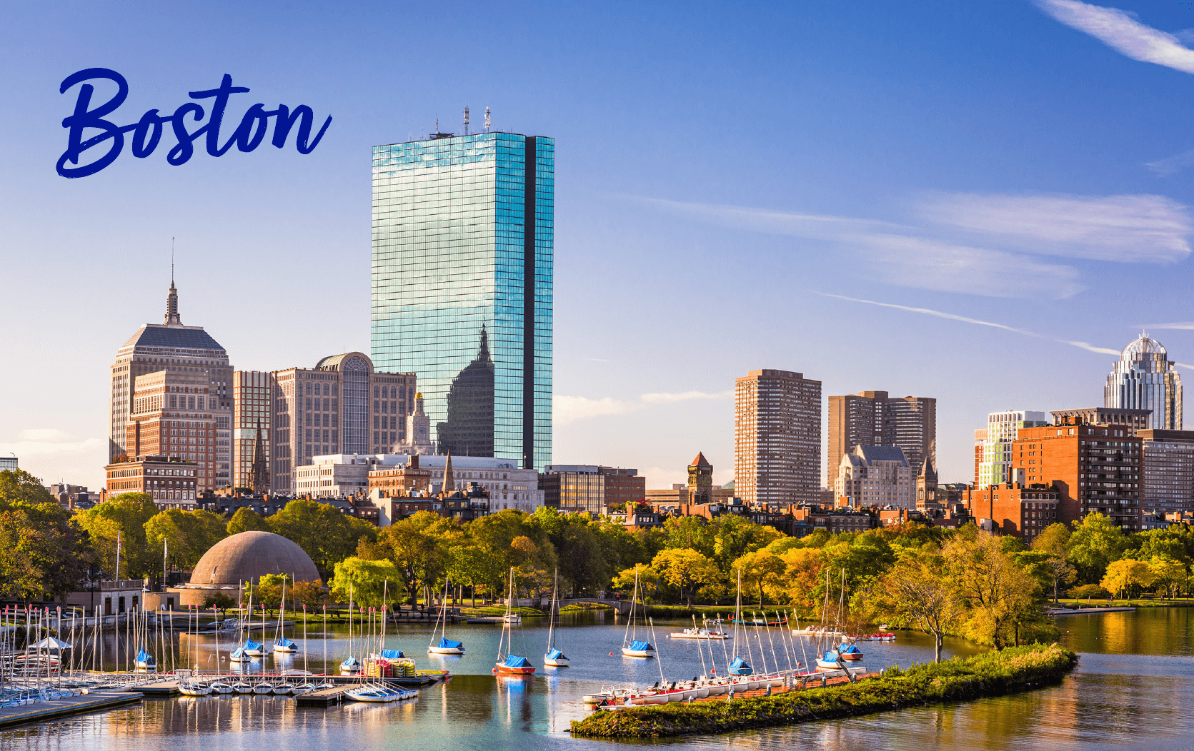 Boston city skyline with modern and historic buildings, sailboats on the Charles River, lush green trees, and a clear blue sky. "Boston" is written in script in the upper left corner—perfect inspiration for your next Legal week Conference.