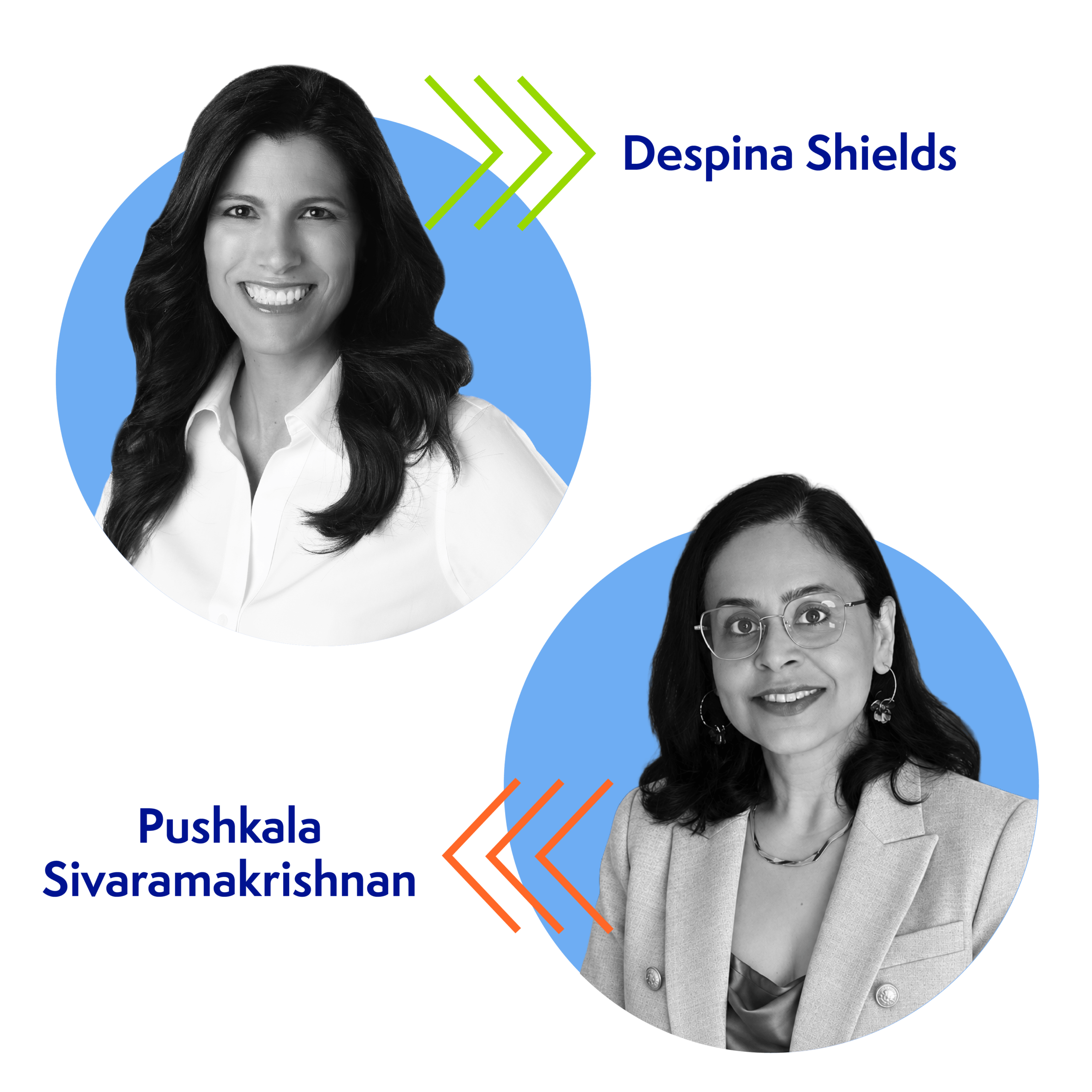 Headshots of Despina Shields and Pushkala Sivaramakrishnan, each set in a blue circle with decorative chevrons, representing professionals in due diligence and effective financing statement processes.
