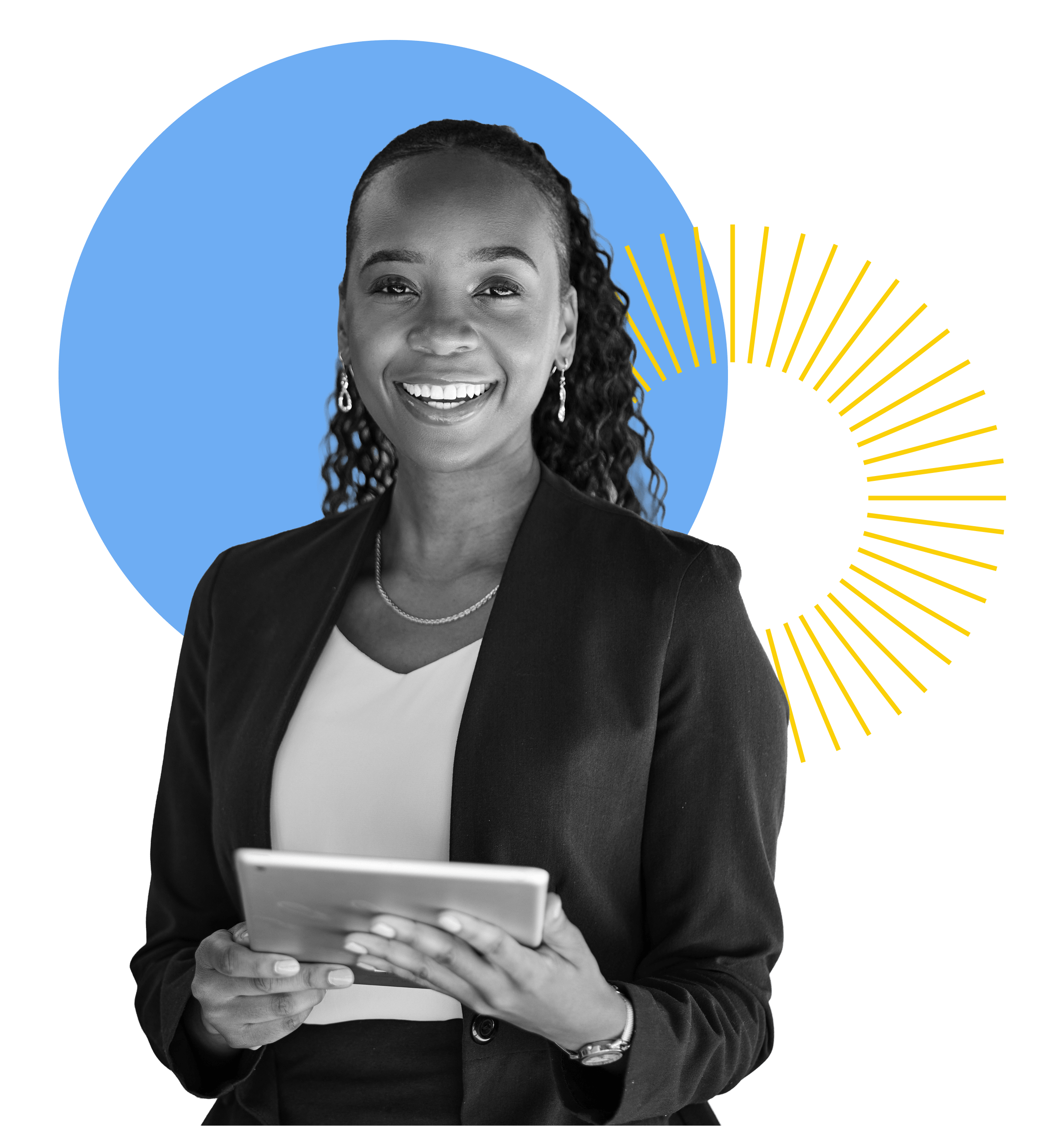 A smiling woman in a blazer holds a tablet, representing law firm transaction support. Behind her are graphic blue and yellow circular shapes on a light background.